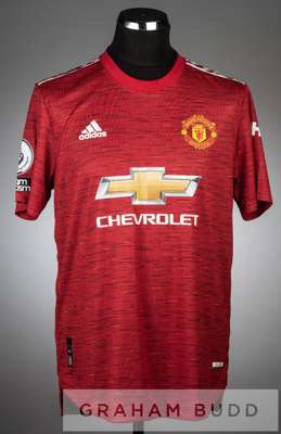 Luke Shaw red Manchester United 23 away jersey, season 2020-21,
 short-sleeved PREMIER LEAGUE and NO ROOM FOR RACISM sleeve badges, club crest and spo
