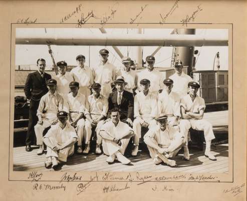 Signed photograph of the Australian cricket team to India and Ceylon, 1935-36,
 the rare sepia toned original 8 by 12 in. photograph portraying the te