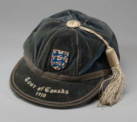 Stanley Matthews' international cap for the Football Association Tour of Canada in 1950,
 the blue cap inscribed TOUR OF CANADA, 1950, colour somewhat