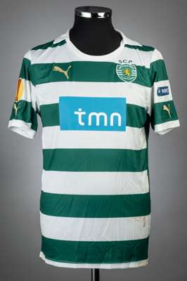 Bruno Pereirinha green & white Sporting Club Portugal UEFA Europa League no.25 jersey, season 2011-12,
 match-issue, Puma, short-sleeved with UEFA EUR