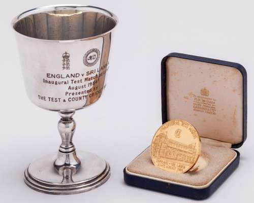 Dickie Bird inaugural England v. Sri Lanka Lord's Test medal and silver-plated cup, 1984