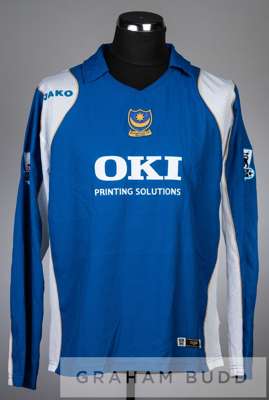 Manuel Fernandes blue and white Portsmouth no.6 home jersey, season 2006-07,
 long-sleeved with BARCLAYS PREMIERSHIP sleeve badges, club crest and spo