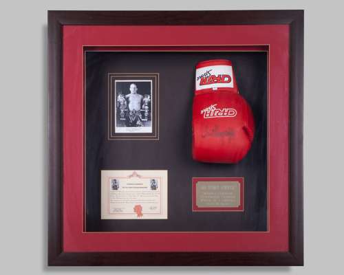 Sir Henry Cooper autographed red Carta Sports boxing glove display