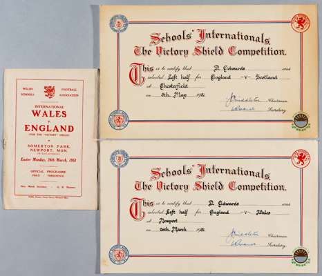 Two English Schools' Football Association certificates issued to the future Manchester United star Duncan Edwards for appearances in 'The Victory Shie