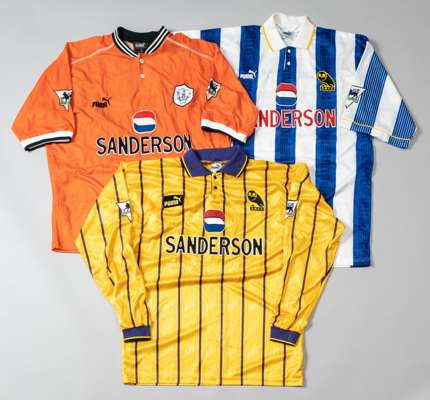 Three Sheffield Wednesday Premier League match jerseys,
 comprising Gordon Watson blue and white striped home no.20 jersey; Adem Poric amber and purpl