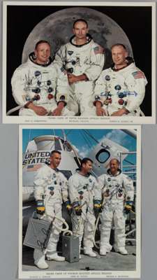Prime Crew of Fifth Manned Apollo Mission and Prime Crew of Fourth Manned Apollo Mission photographic portraits, 
 published by NASA with printed info