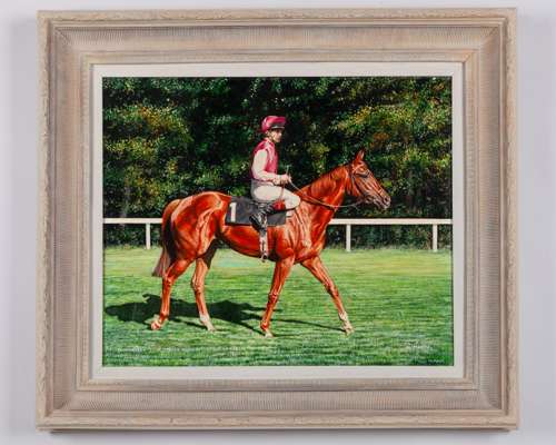 Sean McMahon oil painting of the racehorse Diminuendo with Steve Cauthen up