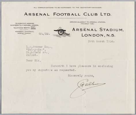 George Allison 1934 Arsenal F.C manager: rare and very early post-Chapman era original one-page autograph letter, 
 on Arsenal F.C embossed crest offi