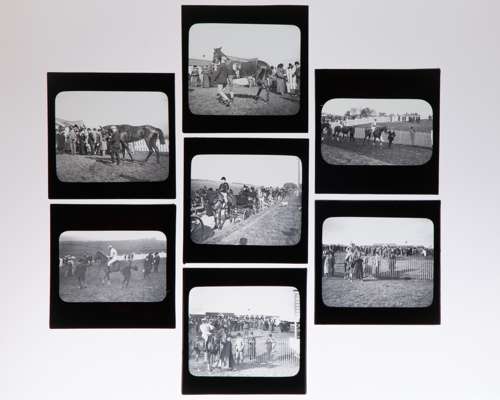 Seven equestrian Hexham Racecourse procession photographic glass slides, early 1900s