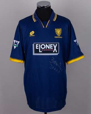 Dean Holdsworth blue and yellow No.10 Wimbledon autographed short-sleeved shirt, 1996-97