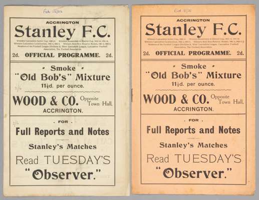 Two Accrington Stanley home programmes from their first season in the Football League (Division Three North) 1921-22,
 v Nelson and Wigan Borough