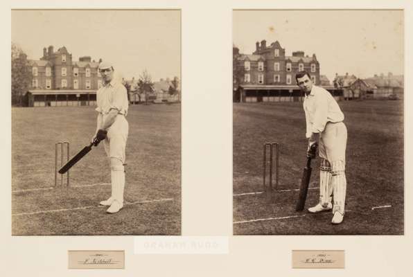 Two b&w photographs of Cambridge University cricketers Frank Mitchell and Walter Druce, circa 1890s,
 each holding a cricket bat at the wicket in fron