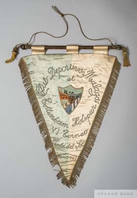 Official sky blue and white Club Deportivo Malaga friendly match pennant, 1966
 of triangular design inscribed Club Deportivo Malaga al Tottenham Hots