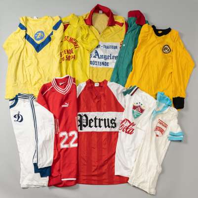 Collection of 18 vintage replica jerseys, mostly continental football clubs, 
 examples Oostende, Dynamo Kiev, Borussia Dortmund, and many other obscu