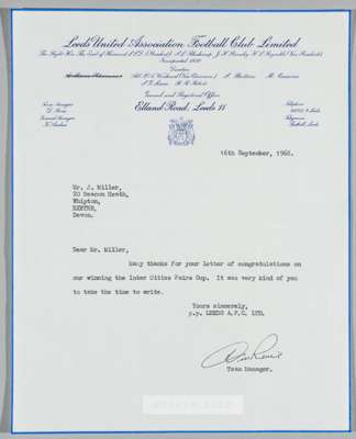 Leeds United letter signed by manager Don Revie, 16th September 1968,
 on embossed letterhead thanking a fan for his letter of congratulations on winn