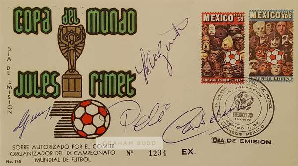 Brazil signed FDC cover “1970 Copa Del Mundo Jules Rimet", autographed by four players of the winning team, 
 often cited as the greatest ever World C