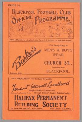 Blackpool v Reading programme 30th August 1926,
 F.L. Division Two fixture