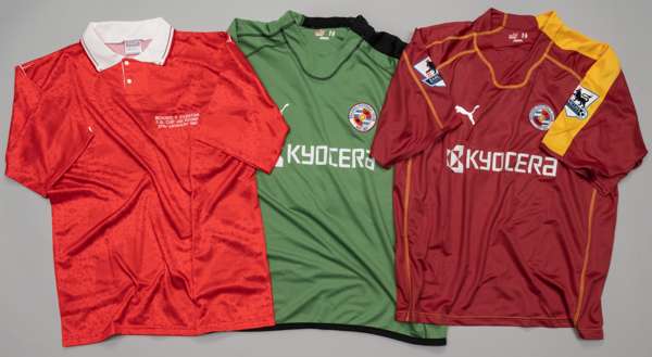 Two Reading football jerseys,
 comprising Graham Stack green Reading no.21 goalkeeper's jersey, circa 2006, Puma, short-sleeved with BARCLAYS PREMIERS