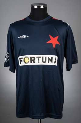 Stanislav Vleck blue and red No.7 Slavia Prague v. Arsenal Champions League match worn short-sleeved jersey, 2007-08, Umbro, L, with crew-neck collar 