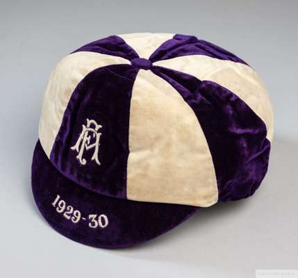Tom Wilson purple and white Football Association trial cap, 1929-30
 the quartered velvet cap embroidered FA and dated 1929-30

 The following lots 90