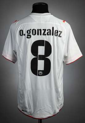 Oscar Gonzalez white & red Olympiacos no.8 jersey, season 2008-09,
 match-issue, Puma, short-sleeved with No sleeve badges, club crest, reverse letter