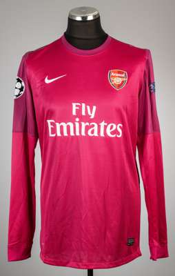 Lukasz Fabianski pink Arsenal no.21 goalkeeper's away jersey, season 2012-13,
 Nike, long-sleeved with UEFA STARBALL and RESPECT sleeve badges, club c