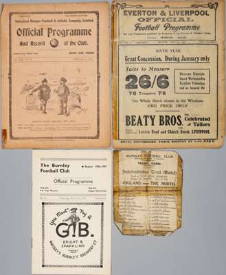 Various England Trial match programmes,
 1909-10 Whites v Stripes at Anfield, cellotape spine repairs, annotations, page edge splits, paper losses; 19