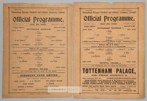 Two Tottenham Hotspur wartime match programmes v Crystal Palace, 
 comprising v Crystal Palace 2nd October 1915 and v Crystal Palace 8th February 1919