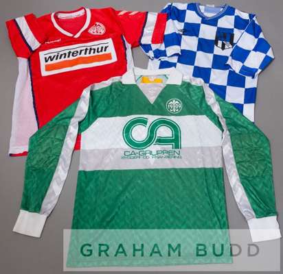 Two Boldklubben 1909 jerseys, circa early 1990s,
 both by Hummel, the first a short-sleeved no.8 WINTERTHUR jersey and a green goalkeeper's no.1 long-