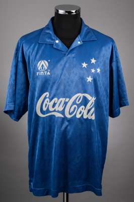 Ronaldo blue No.9 Cruzeiro v. Boca Juniors match worn 1994 Copa Libertadores short-sleeve jersey, 
 Finta, with button-up collar and printed badge

 T