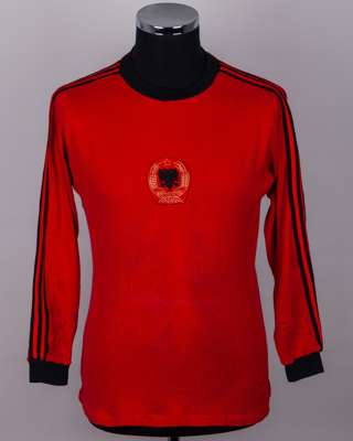 Petro Ruci red and black No.2 Albania v. Northern Ireland long-sleeved shirt, 1983