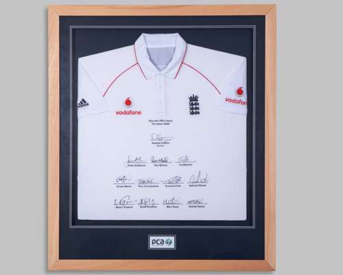 White England v. West Indies Test Series 2009 autographed short-sleeved cricket shirt display