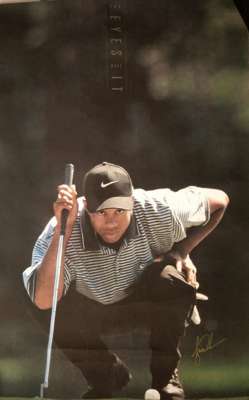 Tiger Woods signed 1997 The Rookie poster titled “The Eyes Have It” 
 measuring 88cm x 58cm, formerly the property of Dermot Reeve England & Warwicksh