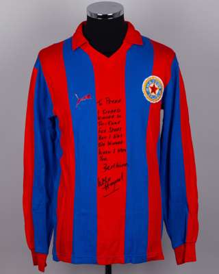 Josip Cop red and blue No.5 Hadjuk Split UEFA Cup semi final match worn shirt, 1984