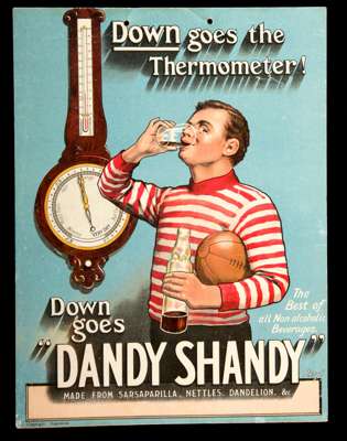 A 1920s advertisement for 'Dandy Shandy' featuring a rugby player quenching his thirst