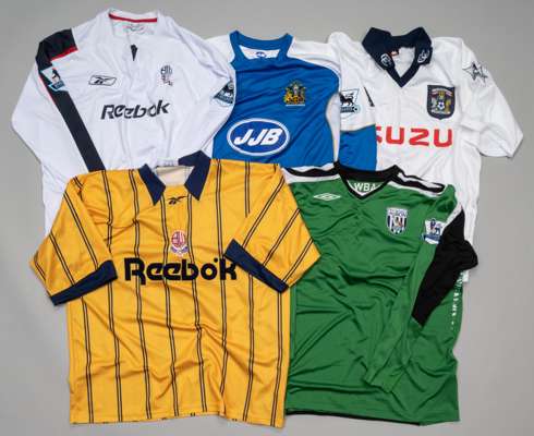 Three English clubs football jerseys for West Bromwich Albion, Coventry City and Wigan Athletic,
 comprising green Dean Kiely West Bromwich Albion no.