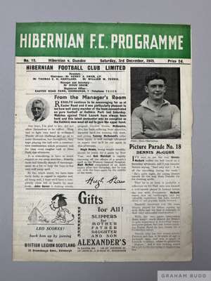 Hibernian v. Dundee Reserve Division C match programme, 3rd December 1949
  signs of fold, some creasing, half times scores filled in