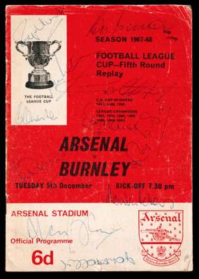 Arsenal v Burnley 5.12.67 match programme fully-signed to the front cover by the 11 England 1966 World Cup winning footballers, signatures in pen  The