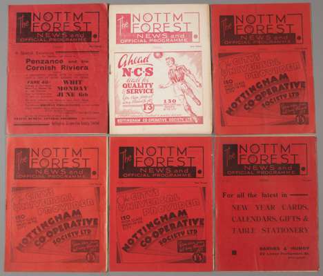 Six Nottingham Forest 1930s home programmes,
 F.L. Division Two unless otherwise stated, Norwich City 25th December 1934, Barnsley 9th November 1935, 