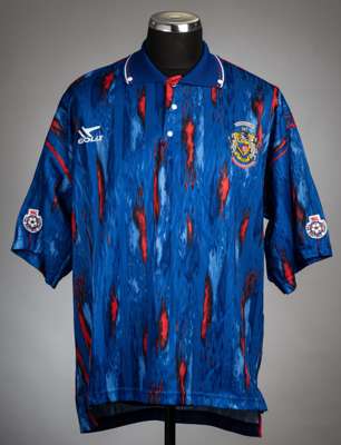 Jim Gannon blue & red Stockport County no.7 Associate Members' Autoglass Trophy Cup final jersey v Stoke City at Wembley, 16th May 1992,
 Gola, short-