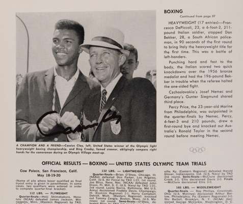 1960 United States Olympic Book, 
 the black and white photograph of Cassius Clay within the book autographed by the Rome 1960 Olympic Games gold meda