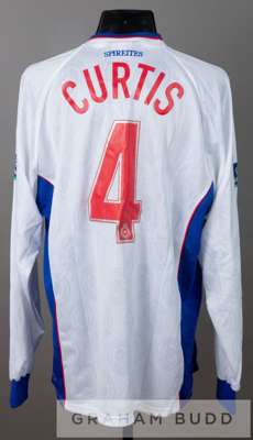 Tom Curtis white and blue Chesterfield no.4 away jersey, season 1999-2000,
 by Super League, long-sleeved with NATIONWIDE FOOTBALL LEAGUE sleeve badge