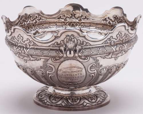 A silver lawn tennis rose bowl trophy awarded to Harold Mahoney, 1890