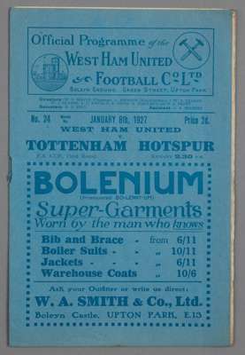 West Ham United v Tottenham Hotspur programme, played at Upton Park, 8th January 1927,
 eight-page with blue printed cover, centre page with team line