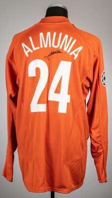 Manuel Almunia signed orange Arsenal no.24 goalkeeper's jersey, season 2005-06,
 Nike, long-sleeved with UEFA STARBALL sleeve badge, club crest and sp