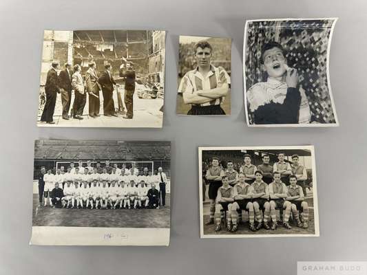 Five black and white Football press photographs relating to the career of Colin Grainger, 
 including a nice Leeds United team picture dated July 1961