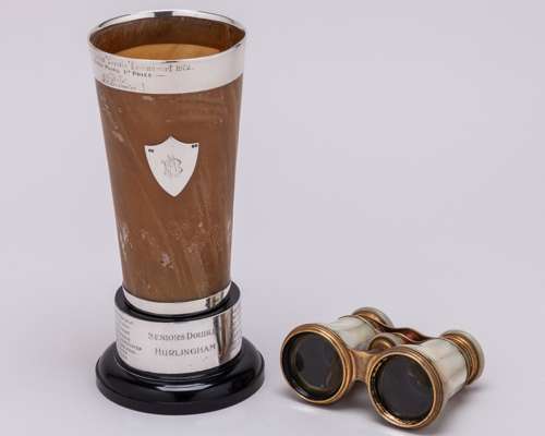 A silver-topped Seaton Lawn Tennis Tournament 1st Prize animal horn trophy