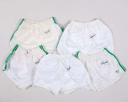 Pat Jennings five pairs of white and green autographed Northern Ireland worn shorts