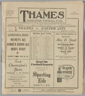 Thames v Exeter City programme 21st February 1931,
 FL Division Three (South) fixture 

 reasonably good condition

 This match was from Thames FC's f