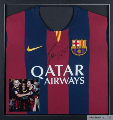 Lionel Messi framed signed Barcelona shirt, 
 Nike, crew neck and signed in black pen with a photographic insert of Messi and team mates.